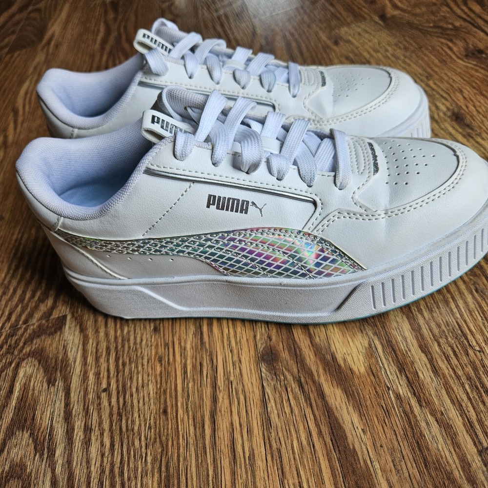 PUMA JUNIOR SHOES Sz 7 Karmen‎ Rebelle Mermaid White Iridescent Glitter, Clean